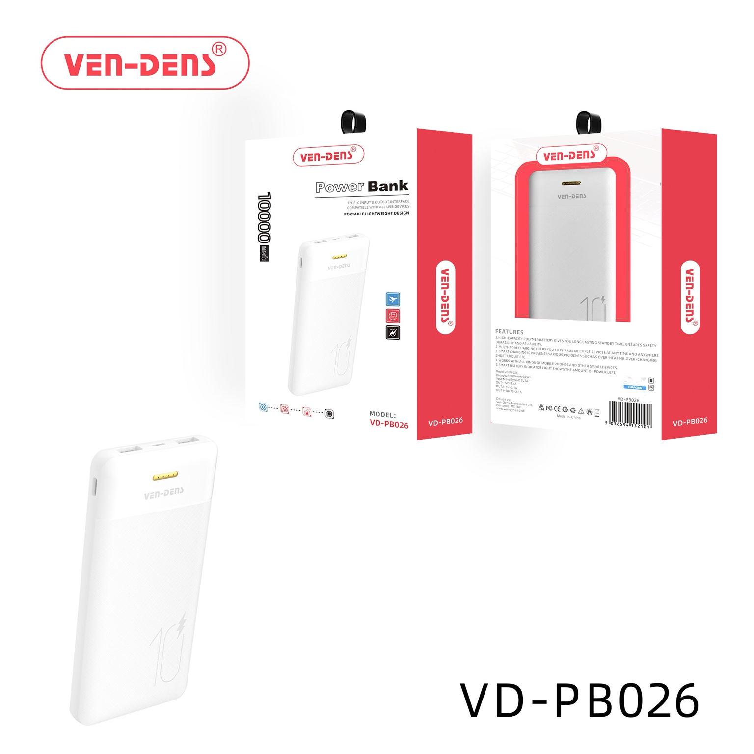 Ven-Dens VD-PB026 – Power Bank 10 000 mAh 🇬🇧