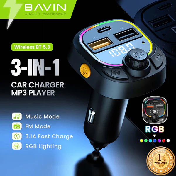 Chargeur de voiture et lecteur MP3 Bluetooth 3-en-1 BAVIN