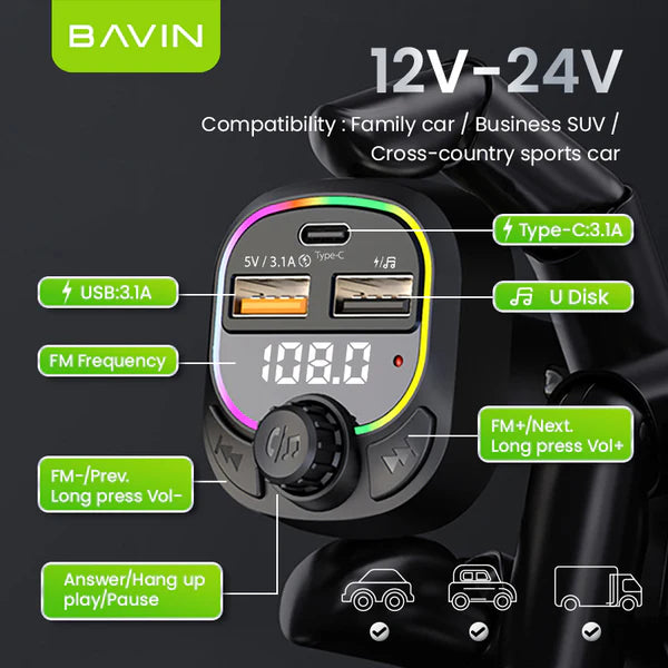 Chargeur de voiture et lecteur MP3 Bluetooth 3-en-1 BAVIN