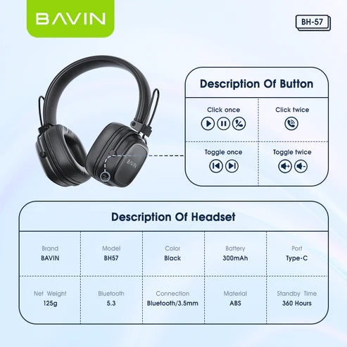 BH-57 Casque Bluetooth BAVIN