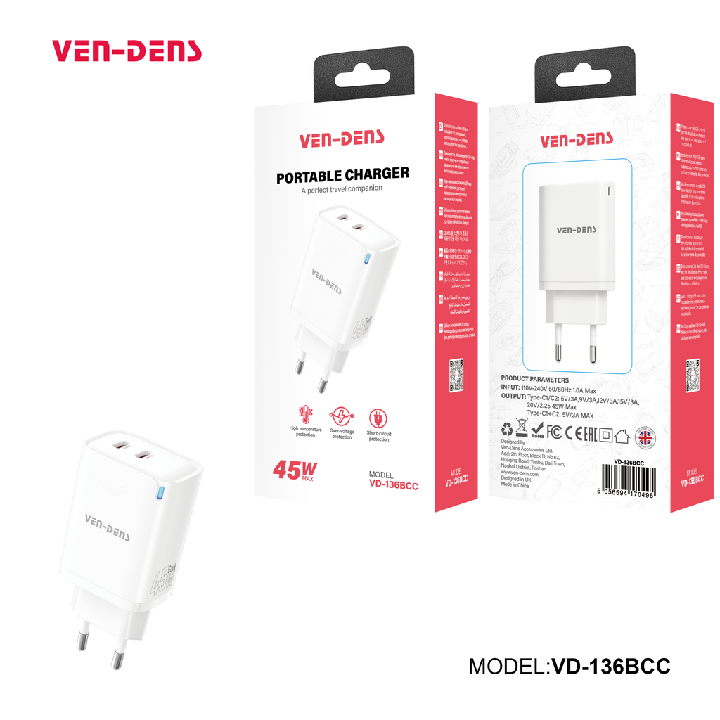Ven‑Dens VD‑136BCC – Chargeur Secteur USB Double Type‑C 45 W