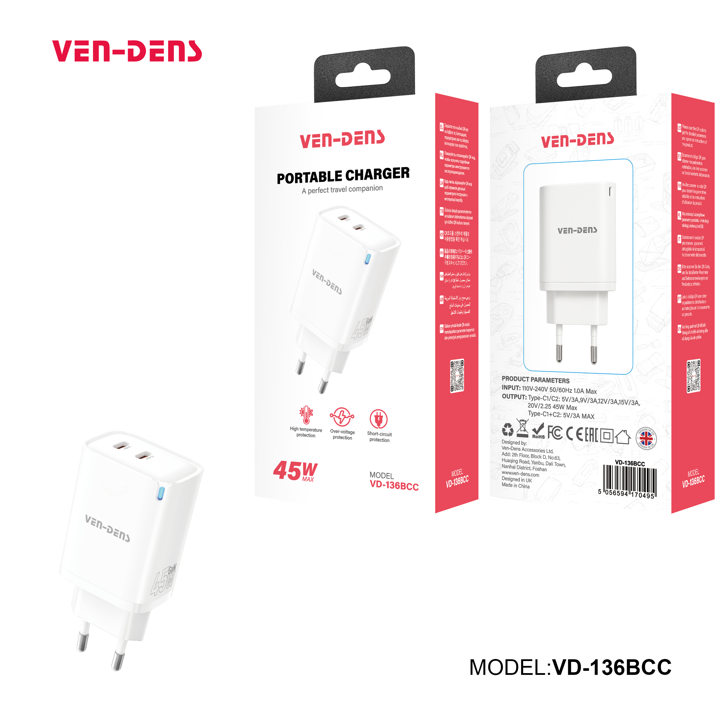 Ven‑Dens VD‑136BCC – Chargeur Secteur USB Double Type‑C 45 W