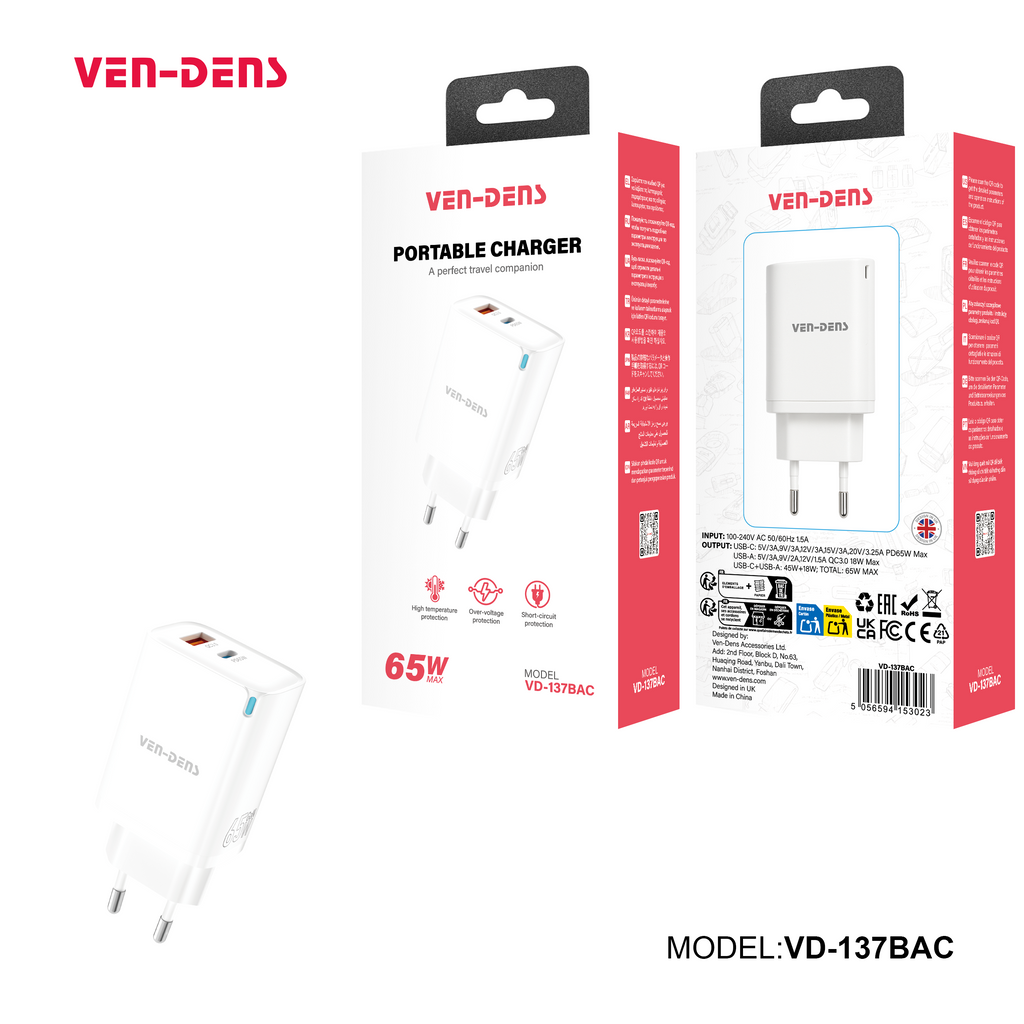 Chargeur Secteur 65W Ultra‑Rapide -Ven‑Dens🇬🇧 VD‑137BAC – USB+TypeC