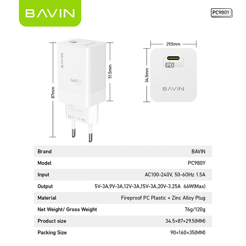 66W +CABLE TYPE C (Chargeur BAVIN PC980Y)