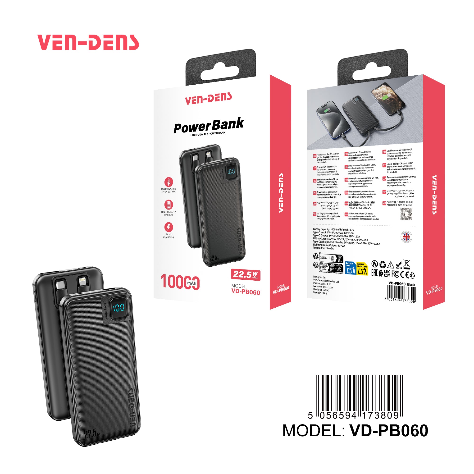 Power Bank Ven‑Dens VD‑PB060 – 10 000 mAh (22,5 W)