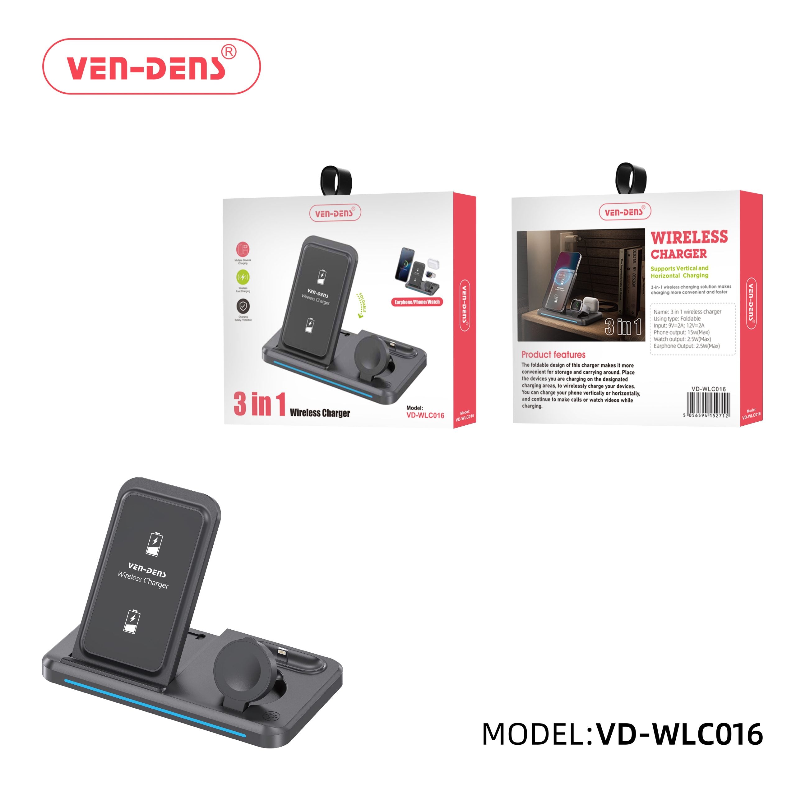 Ven‑Dens VD‑WLC016 – Chargeur Sans Fil 15W 3‑en‑1