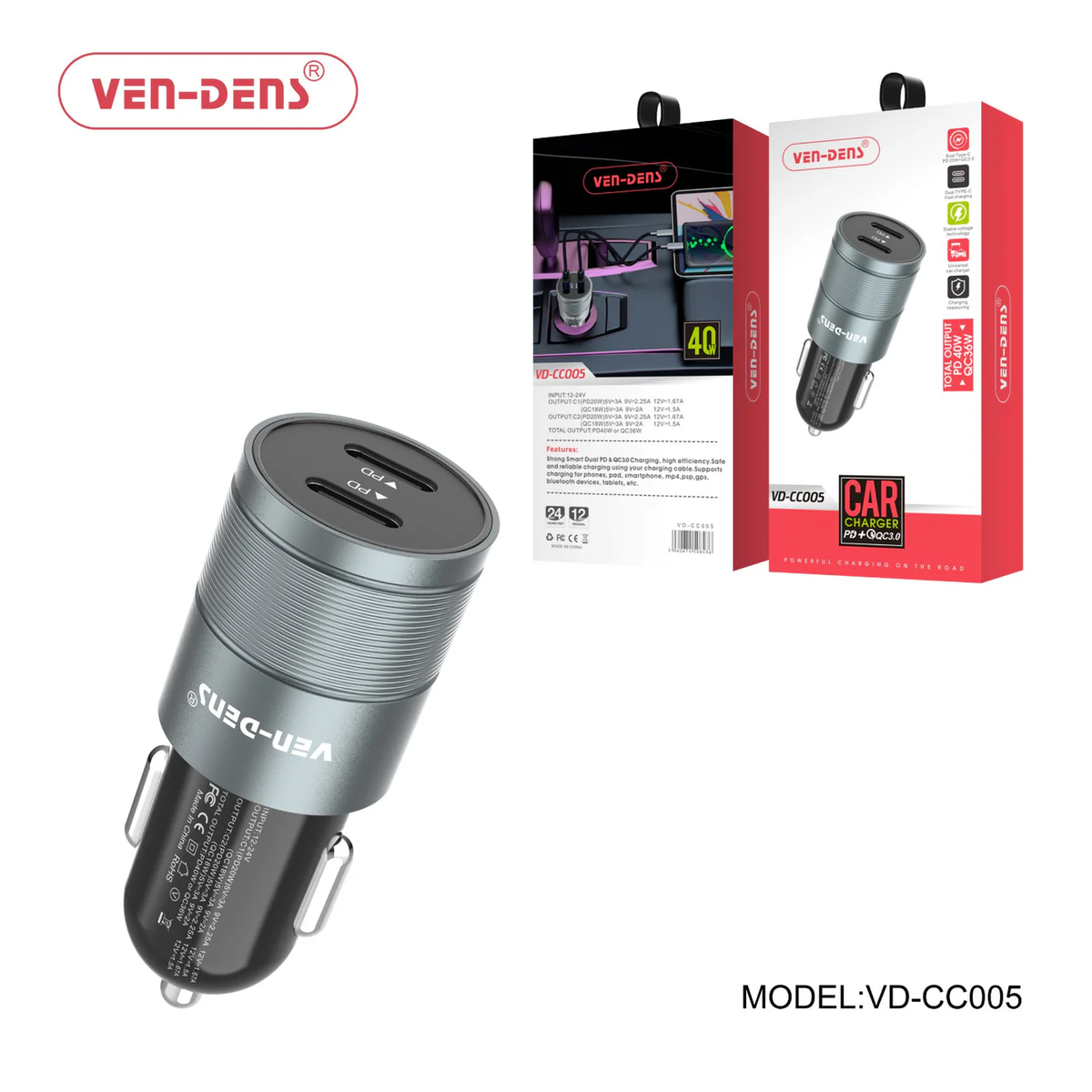 Ven‑Dens VD‑CC005 – Chargeur USB 2,4 A